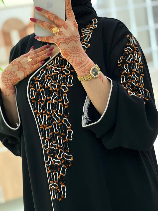 Black Luxury Abaya with Orange & White Handwork -56