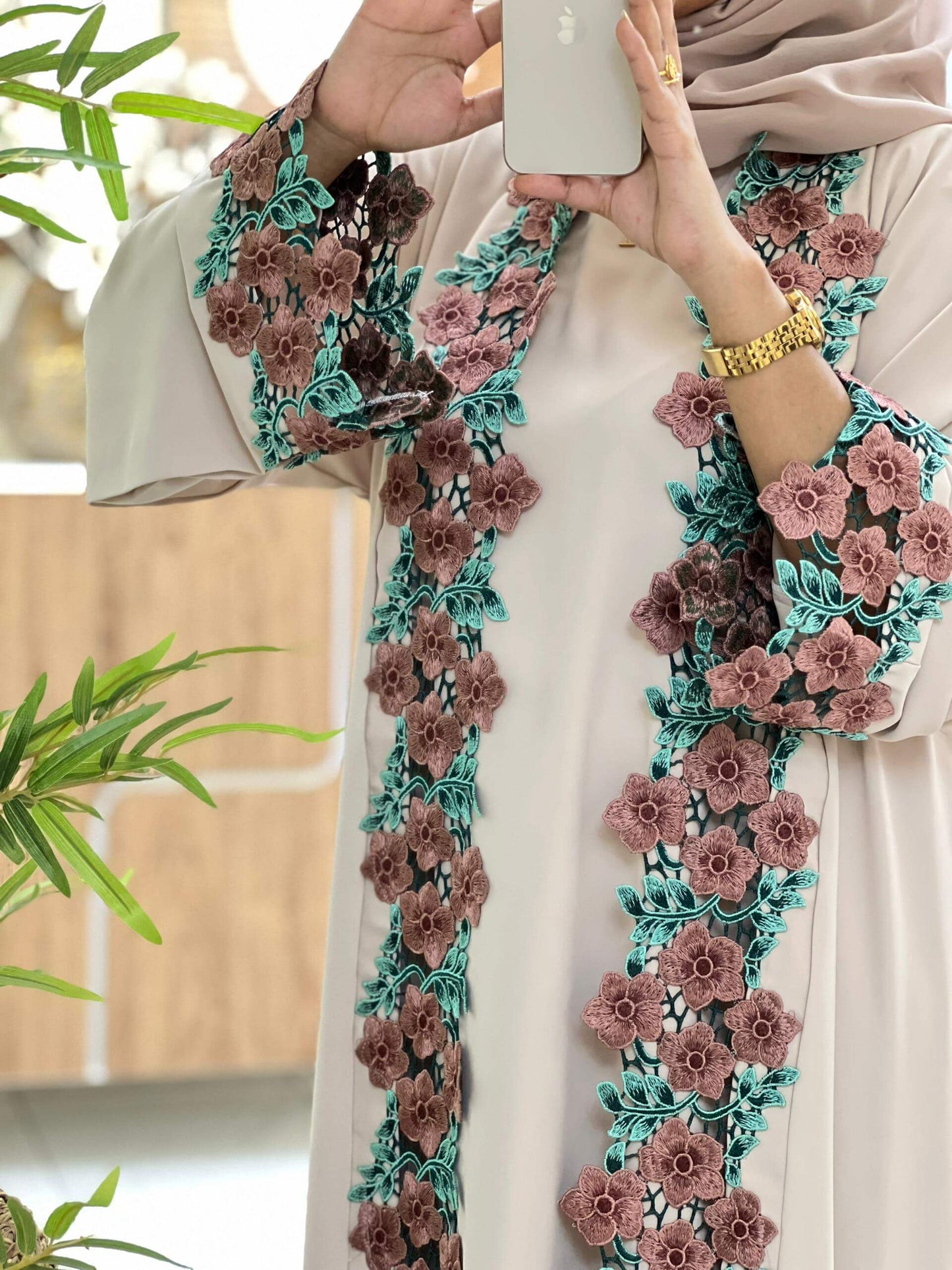 Blossom Elegance Beige Abaya with 3D Floral Embroidery - ABAYA DUBAI ONE