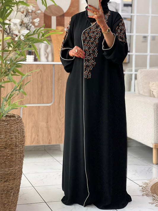 Black Luxury Abaya with Orange & White Handwork