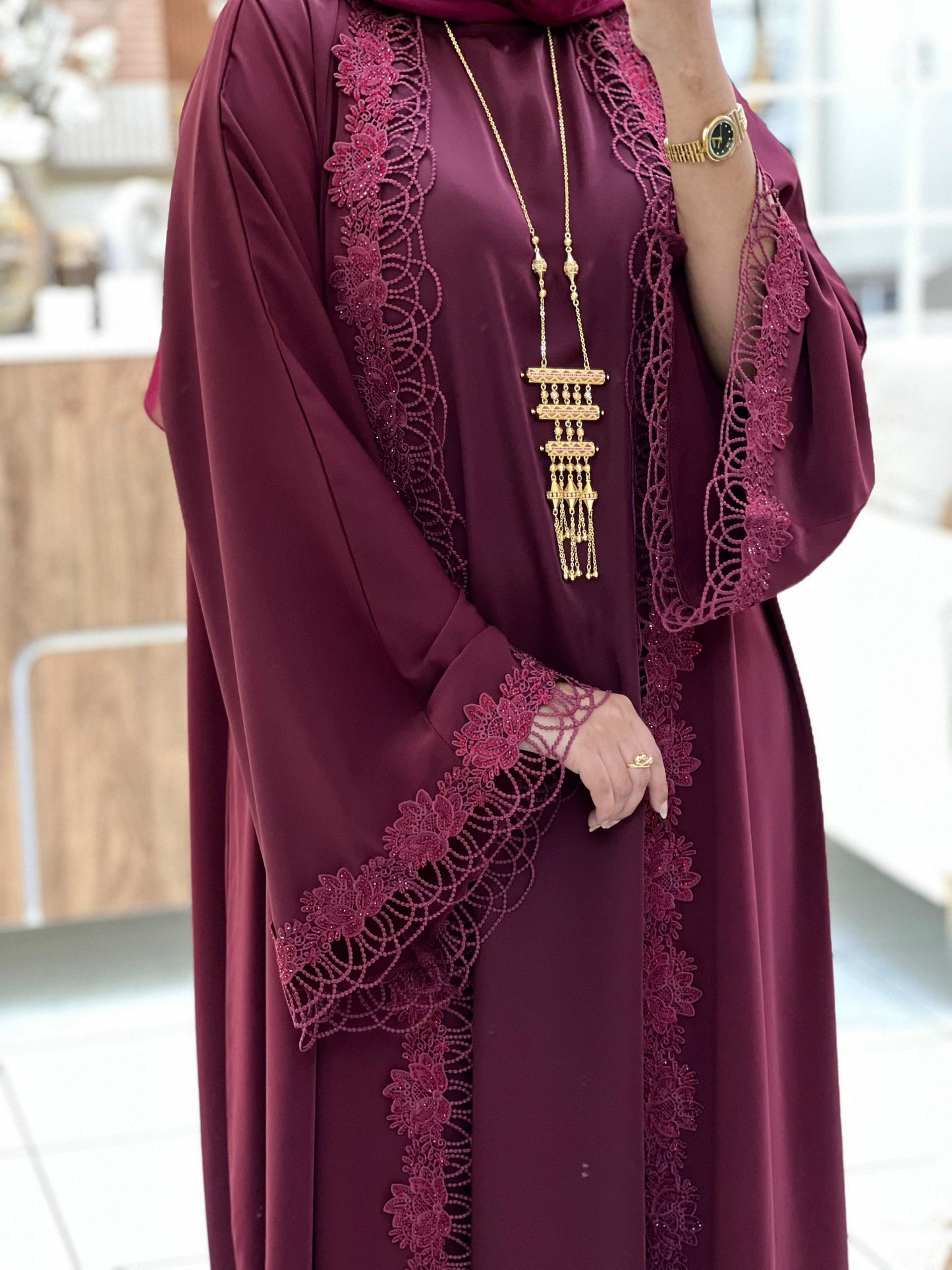 Maroon Laced Abaya