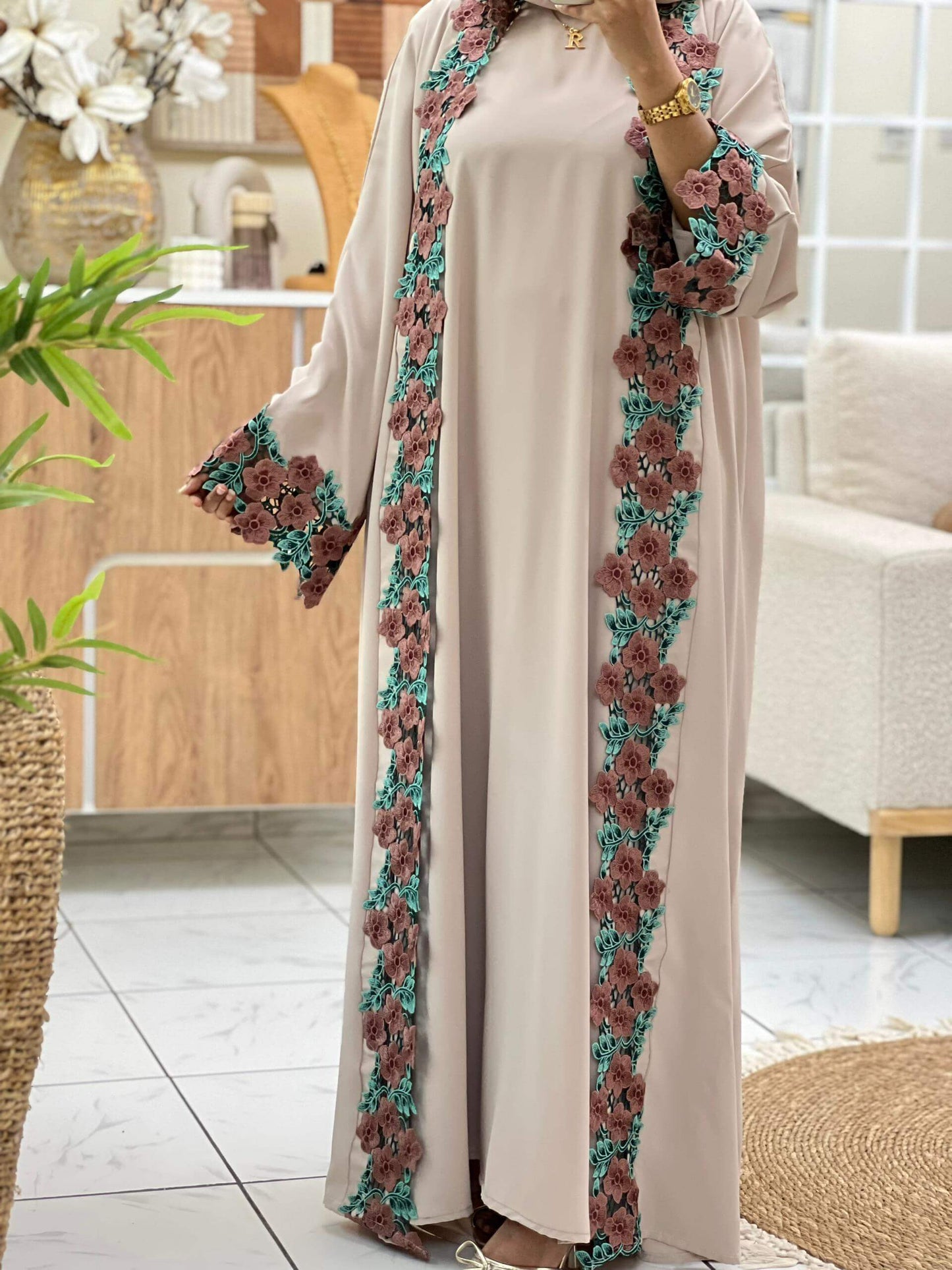 Blossom Elegance Beige Abaya with 3D Floral Embroidery - ABAYA DUBAI ONE