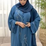 Azrah Luxe Abaya Navy luxury abaya with delicate embroidery design