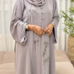 Azrah Luxe Abaya Grey luxury abaya with delicate embroidery design