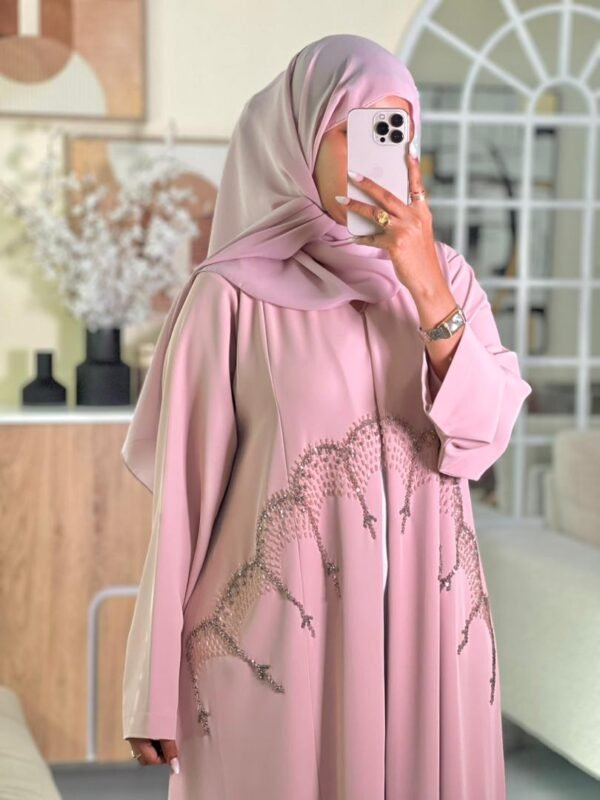 Elegant nude pink abaya with delicate bead embroidery and matching chiffon hijab, perfect for Eid and special occasions.
