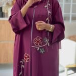 Elegant purple abaya with hand-beaded floral embroidery and 3D flower embellishments, perfect for Eid and special occasions.