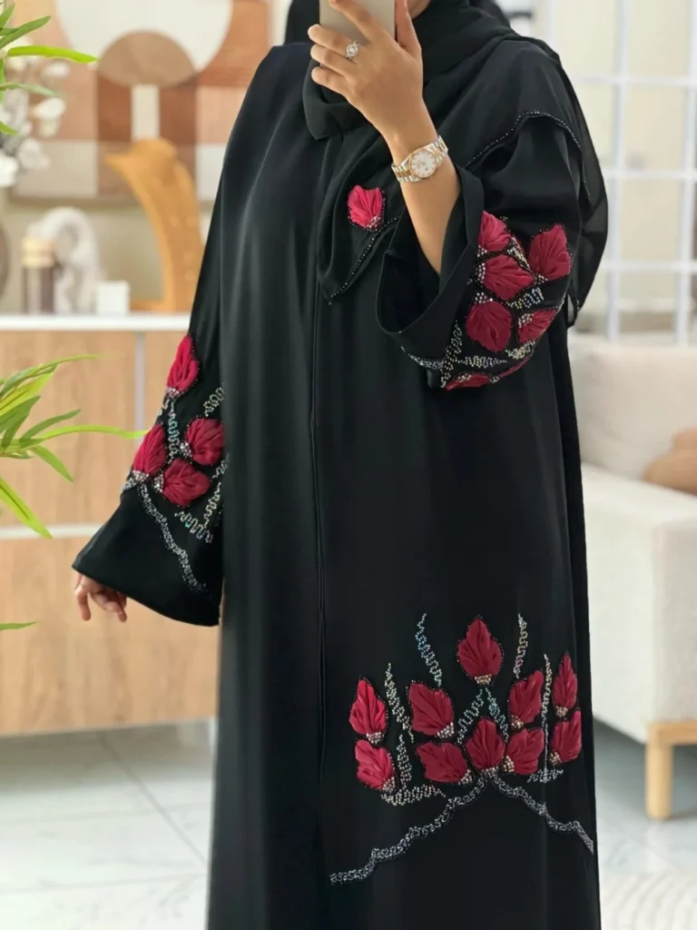 Elegant abaya with red floral embroidery