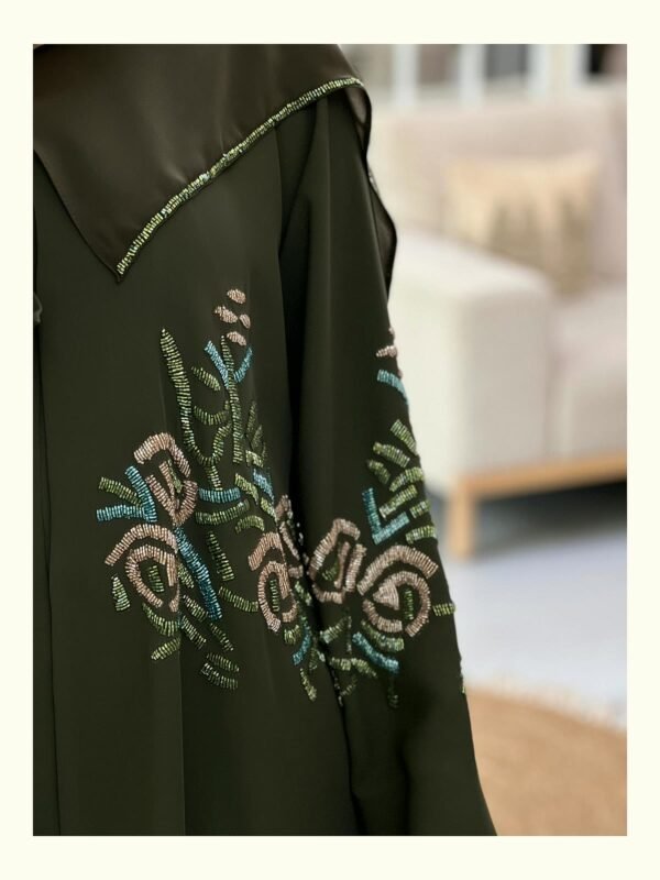 emerald bloom elegance abaya – deep olive – ado 1232