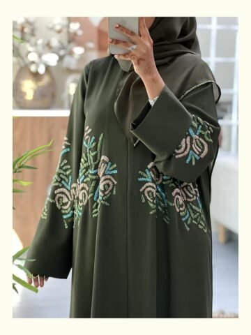 emerald bloom elegance abaya – deep olive – ado 1232