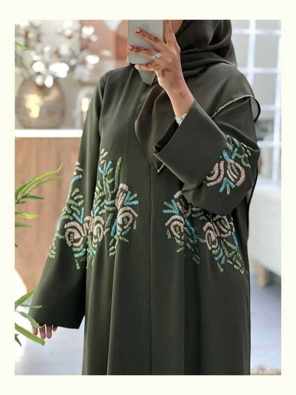 emerald bloom elegance abaya – deep olive – ado 1232