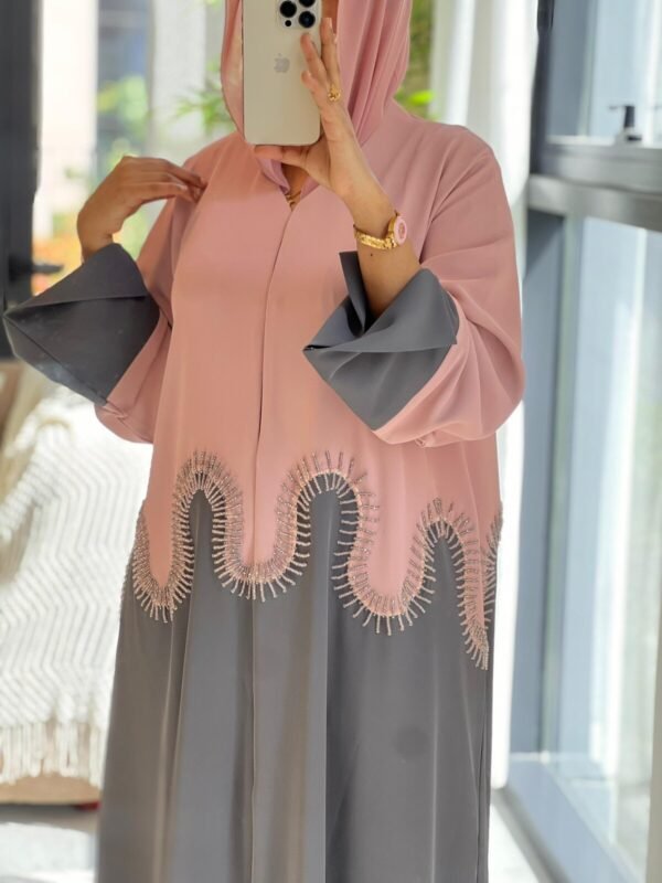 Blush Tide Elegance Abaya – ADO-1235 in Blush Pink and Charcoal Grey