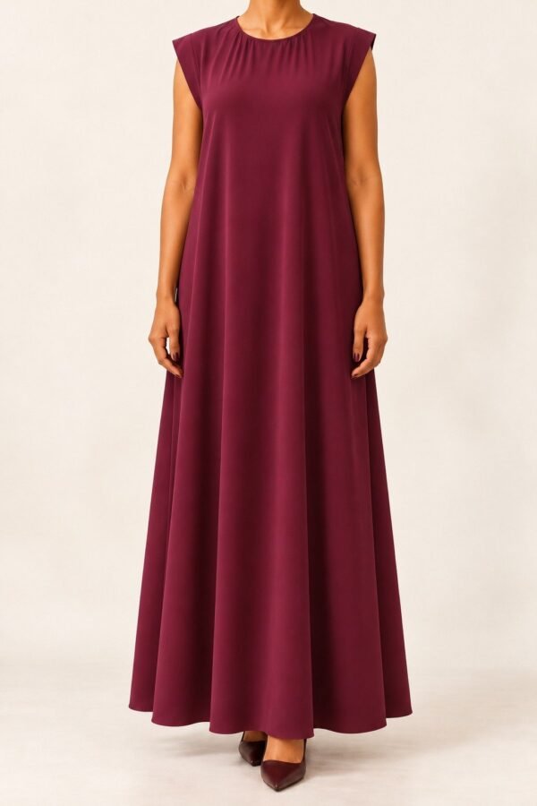 Burgundy full length sleeveless inner dress matched to selected Abaya Dubai One abaya